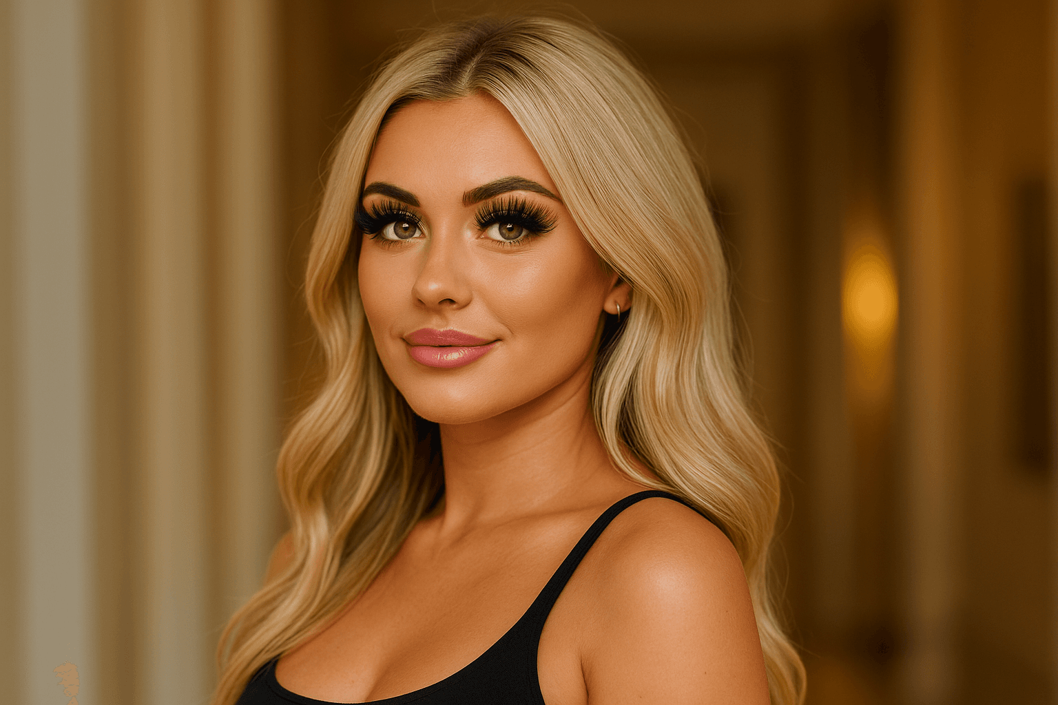 Blonde woman with voluminous party lashes and styled hair after a lash extension treatment at Changing Grooms in Weymouth.